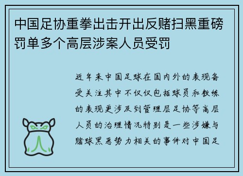 中国足协重拳出击开出反赌扫黑重磅罚单多个高层涉案人员受罚