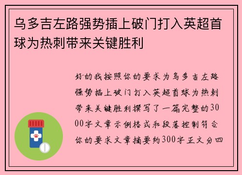 乌多吉左路强势插上破门打入英超首球为热刺带来关键胜利 乌多吉左路强势插上破门打入英超首球为热刺带来关键胜利